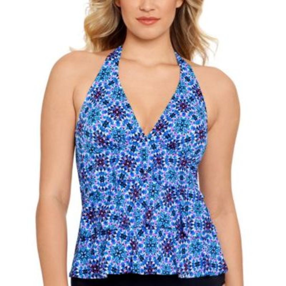 MSRP $72 Swim Solutions Printed Halter Ruffle Tankini Top Size 8